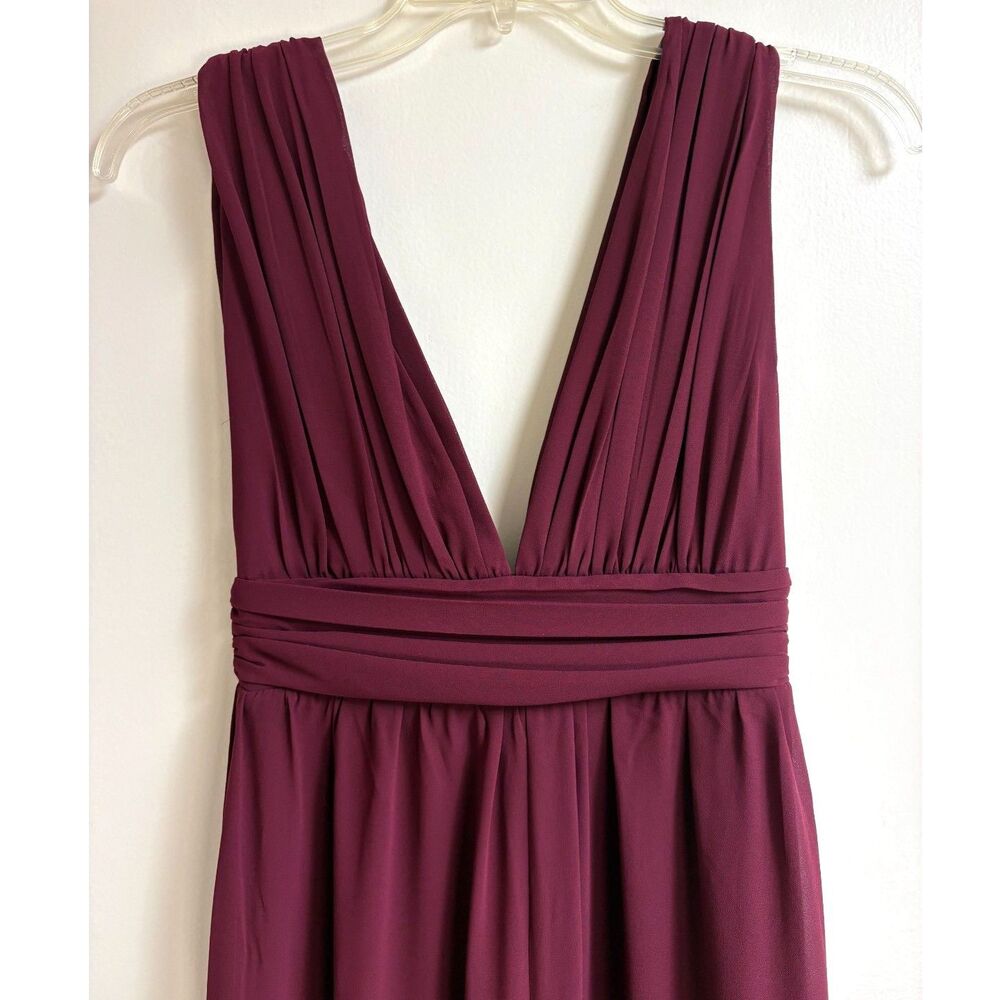 Burgundy Chiffon Wide Leg Jumpsuit Ruched Plunge Low V Open Back Formal Lulus XS - Picture 3 of 9